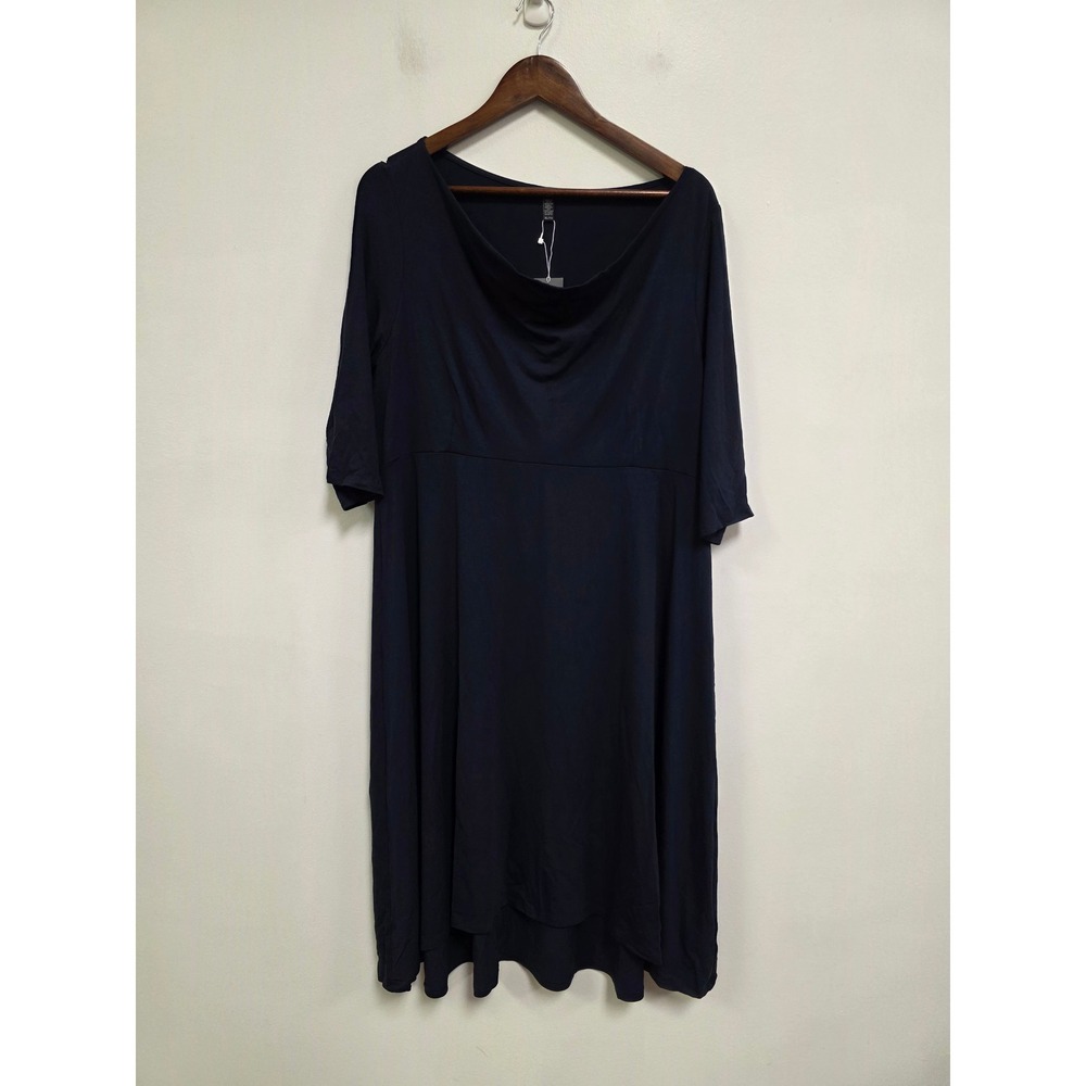 Eileen Fisher Navy Blue Viscose Jersey Drape Neck Dress XL Midi Half Sleeve NWT